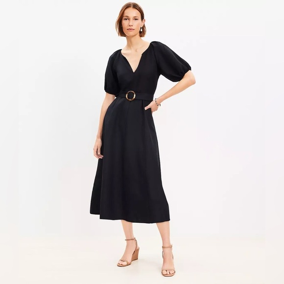 Loft Linen Blend Belted Puff Sleeve Dress - Picture 1 of 10